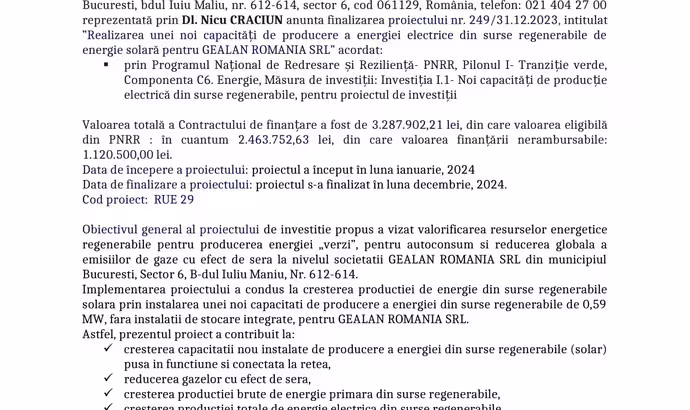 REALIZAREA UNEI NOI CAPACITATI DE PRODUCERE A ENERGIEI ELECTRICE DIN SURSE REGENERABILE DE ENERGIE E